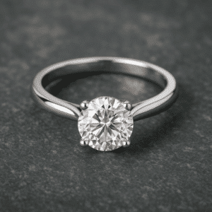 Gros plan d’une bague en métal blanc poli, sertie d’un diamant rond à quatre griffes, posée sur une surface minérale gris foncé avec un éclairage doux qui fait scintiller les facettes.