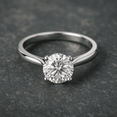 Gros plan d’une bague en métal blanc poli, sertie d’un diamant rond à quatre griffes, posée sur une surface minérale gris foncé avec un éclairage doux qui fait scintiller les facettes.