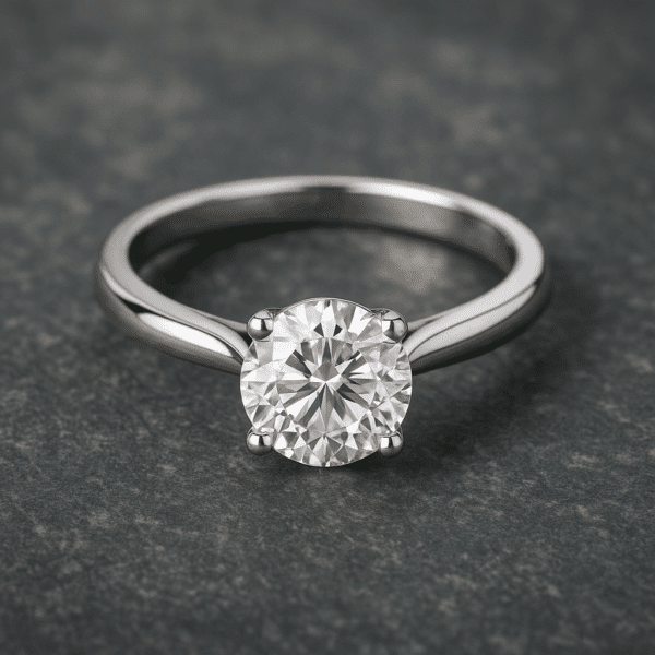 Gros plan d’une bague en métal blanc poli, sertie d’un diamant rond à quatre griffes, posée sur une surface minérale gris foncé avec un éclairage doux qui fait scintiller les facettes.